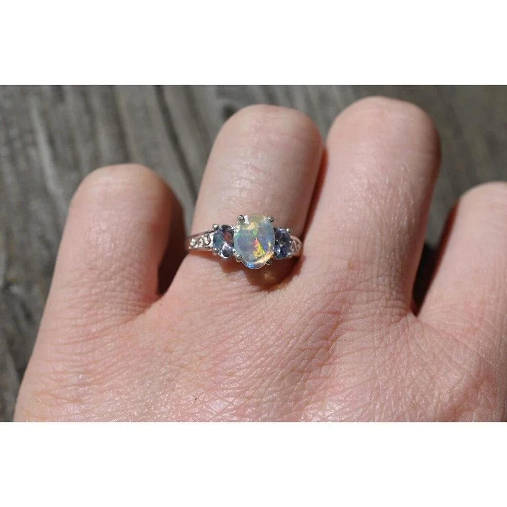 Ethiopian Opal and Tanzanite Ring Sterling Silver Oval Opal , October Birthstone